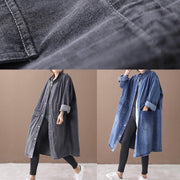 French denim blue Plus Size box coat Shape stand collar drawstring coat - bagstylebliss