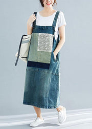 French denim blue cotton quilting dresses sleeveless cotton robes summer Dress - bagstylebliss