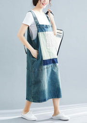French denim blue cotton quilting dresses sleeveless cotton robes summer Dress - bagstylebliss