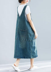 French denim blue cotton quilting dresses sleeveless cotton robes summer Dress - bagstylebliss