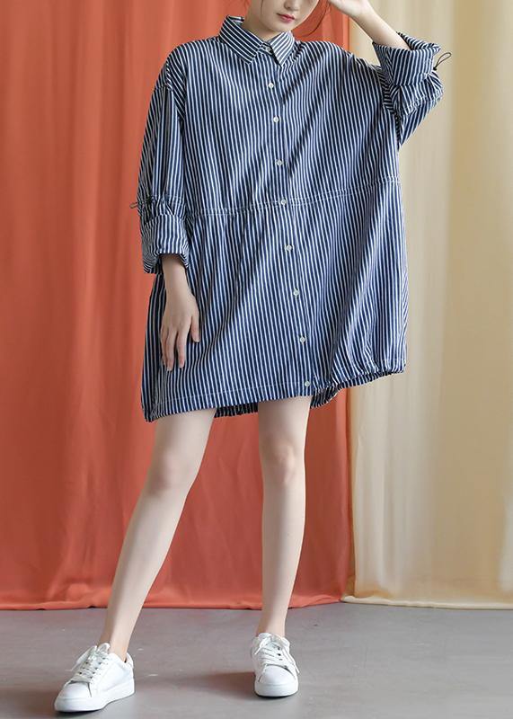 French drawstring Cotton dresses Fabrics dark blue shirt Dress fall - bagstylebliss