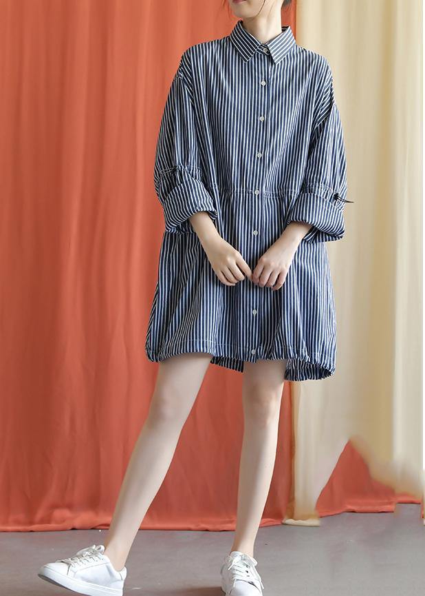 French drawstring Cotton dresses Fabrics dark blue shirt Dress fall - bagstylebliss