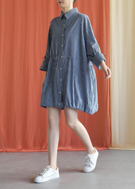 French drawstring Cotton dresses Fabrics dark blue shirt Dress fall - bagstylebliss