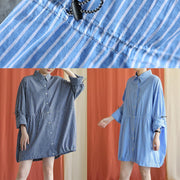 French drawstring Cotton dresses Fabrics dark blue shirt Dress fall - bagstylebliss