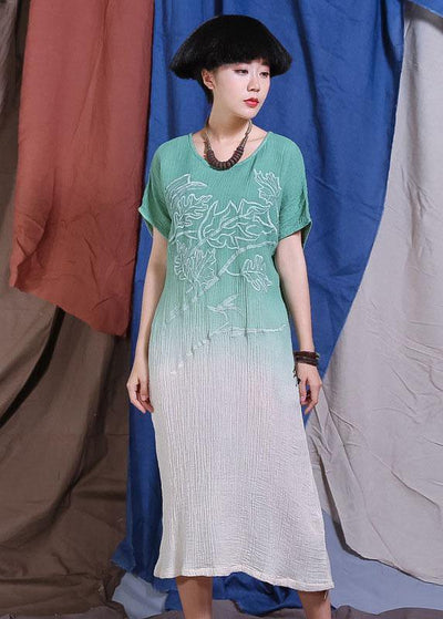 French embroidery cotton linen clothes For Women Wardrobes green gradient color Dress summer - bagstylebliss