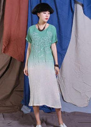 French embroidery cotton linen clothes For Women Wardrobes green gradient color Dress summer - bagstylebliss