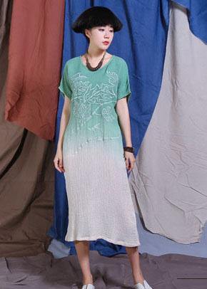 French embroidery cotton linen clothes For Women Wardrobes green gradient color Dress summer - bagstylebliss