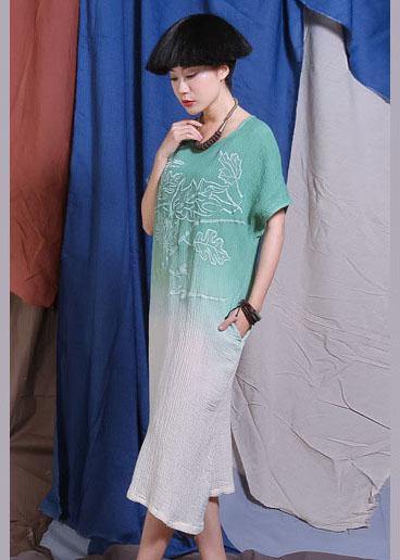 French embroidery cotton linen clothes For Women Wardrobes green gradient color Dress summer - bagstylebliss