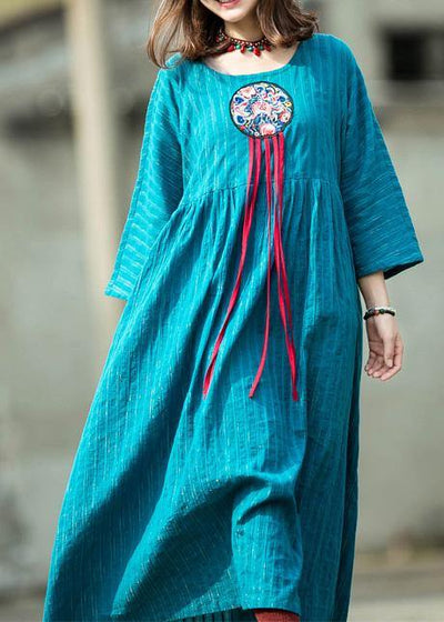 French embroidery o neck linen Robes Cotton blue striped Dress summer - bagstylebliss