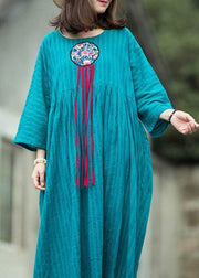 French embroidery o neck linen Robes Cotton blue striped Dress summer - bagstylebliss