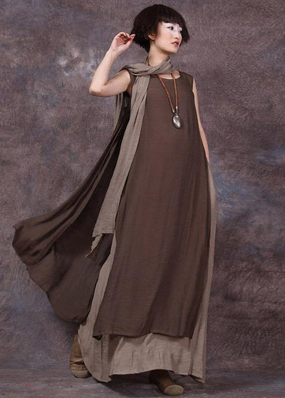 French false two pieces linen dresses Neckline chocolate sleeveless Dress summer - bagstylebliss