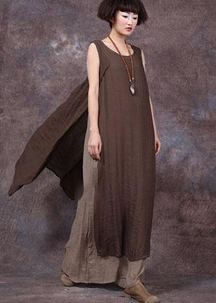 French false two pieces linen dresses Neckline chocolate sleeveless Dress summer - bagstylebliss