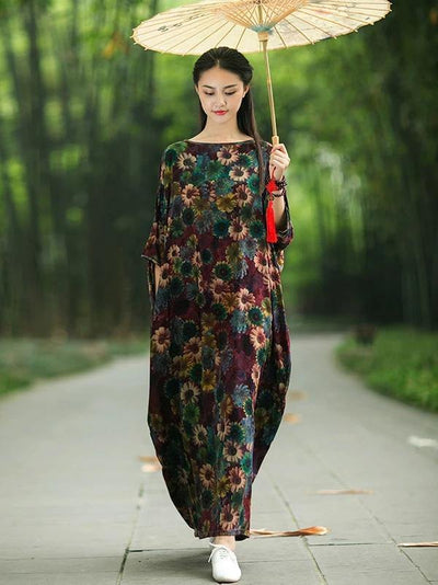 French floral cotton Long Shirts Slash neck Batwing Sleeve Maxi Dress - bagstylebliss