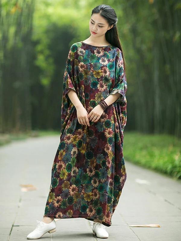 French floral cotton Long Shirts Slash neck Batwing Sleeve Maxi Dress - bagstylebliss