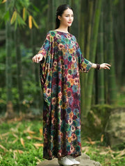 French floral cotton Long Shirts Slash neck Batwing Sleeve Maxi Dress - bagstylebliss