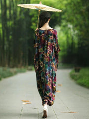 French floral cotton Long Shirts Slash neck Batwing Sleeve Maxi Dress - bagstylebliss