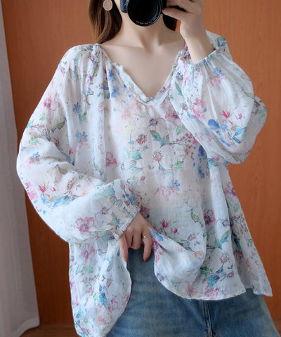 French floral shirts women v neck baggy Midi blouse - bagstylebliss