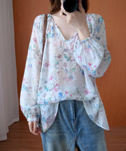 French floral shirts women v neck baggy Midi blouse - bagstylebliss