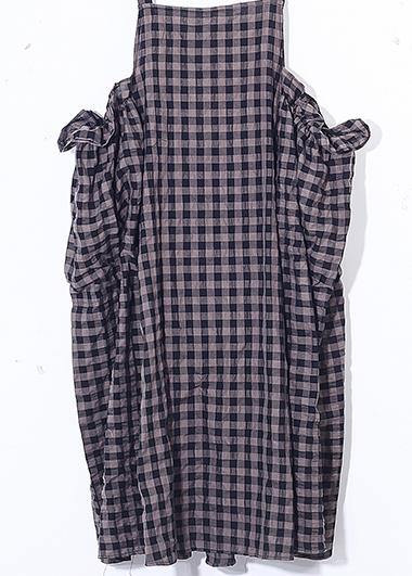 French gray Plaid cotton Long Shirts Omychic design Spaghetti Traveling Summer Dresses - bagstylebliss