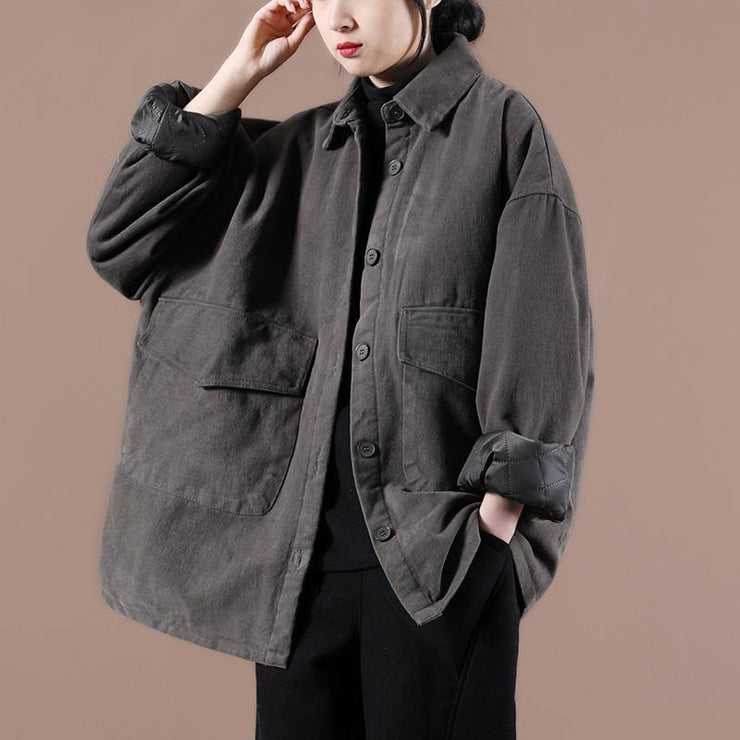 French gray Plus Size maxi coat Cotton lapel Button Down spring jackets - bagstylebliss