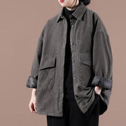 French gray Plus Size maxi coat Cotton lapel Button Down spring jackets - bagstylebliss