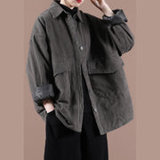 French gray Plus Size maxi coat Cotton lapel Button Down spring jackets - bagstylebliss