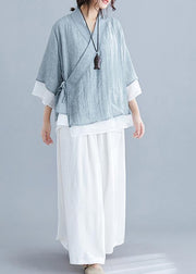 French gray cotton Tunic pattern v neck half sleeve summer shirts - bagstylebliss