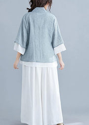 French gray cotton Tunic pattern v neck half sleeve summer shirts - bagstylebliss