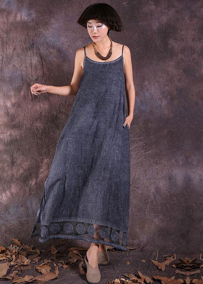 French gray side open linen clothes For Women hollow out hem Maxi summer Dresses - bagstylebliss