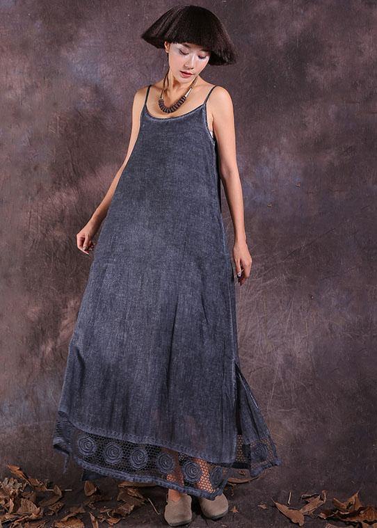 French gray side open linen clothes For Women hollow out hem Maxi summer Dresses - bagstylebliss