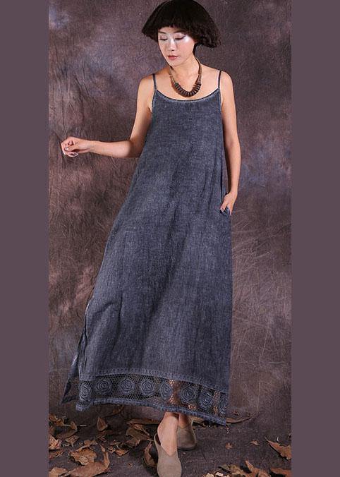 French gray side open linen clothes For Women hollow out hem Maxi summer Dresses - bagstylebliss