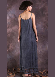 French gray side open linen clothes For Women hollow out hem Maxi summer Dresses - bagstylebliss