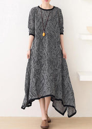 French gray striped quilting clothes o neck asymmetric Plus Size Clothing Dress - bagstylebliss
