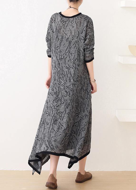 French gray striped quilting clothes o neck asymmetric Plus Size Clothing Dress - bagstylebliss