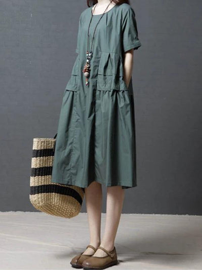 French green Cotton Tunics o neck pockets Dresses - bagstylebliss