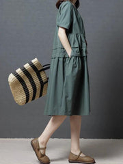 French green Cotton Tunics o neck pockets Dresses - bagstylebliss