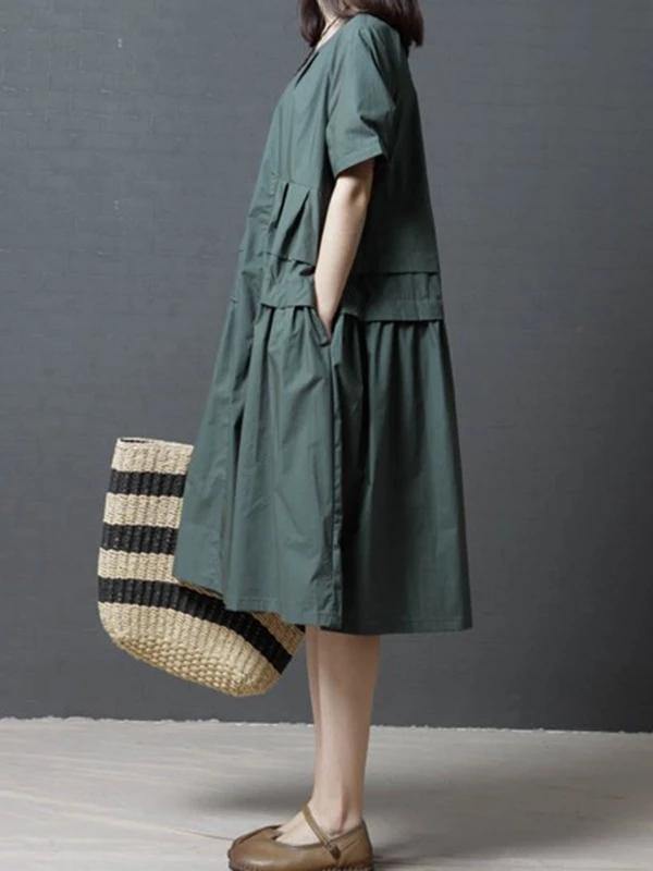 French green Cotton Tunics o neck pockets Dresses - bagstylebliss