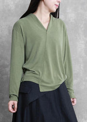 French green Tunic v neck asymmetric short blouses - bagstylebliss