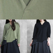 French green Tunic v neck asymmetric short blouses - bagstylebliss