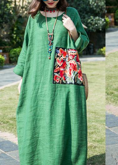 French green cotton linen clothes o neck patchwork Maxi summer Dresses - bagstylebliss