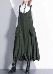 French green cotton tunics for women sleeveless Maxi fall Dresses - bagstylebliss