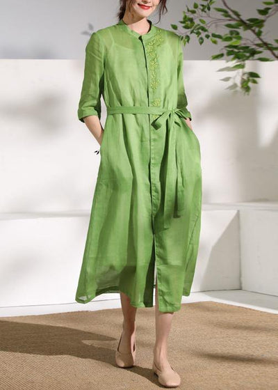 French green embroidery linen Robes stand collar Dress - bagstylebliss