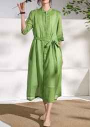 French green embroidery linen Robes stand collar Dress - bagstylebliss