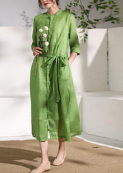 French green embroidery linen Robes stand collar Dress - bagstylebliss