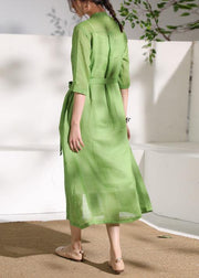 French green embroidery linen Robes stand collar Dress - bagstylebliss