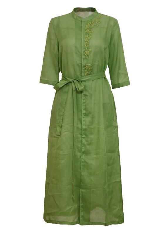 French green embroidery linen Robes stand collar Dress - bagstylebliss