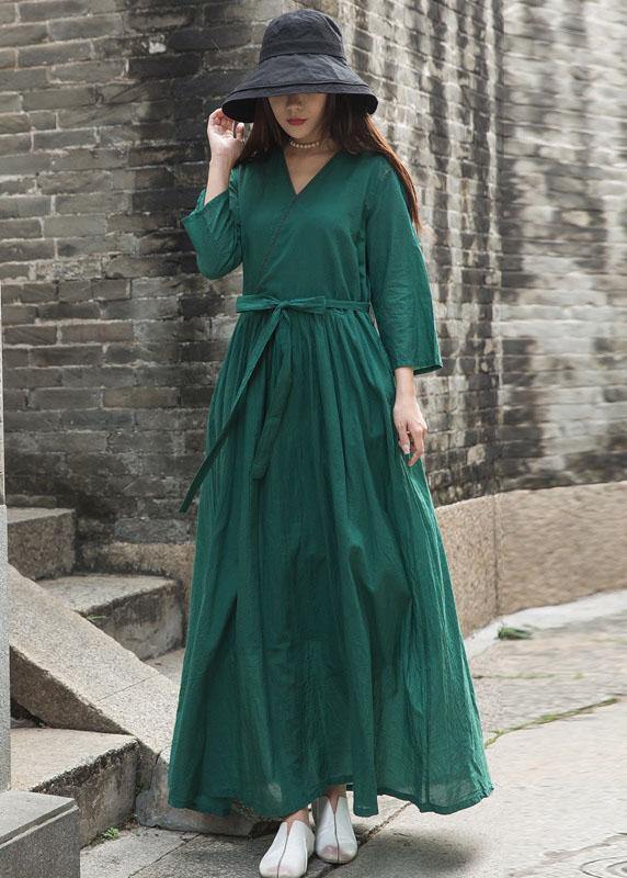 French green embroiedry linen Wardrobes bracelet sleeved loose fall Dresses - bagstylebliss