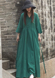 French green embroiedry linen Wardrobes bracelet sleeved loose fall Dresses - bagstylebliss