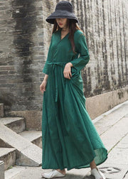 French green embroiedry linen Wardrobes bracelet sleeved loose fall Dresses - bagstylebliss