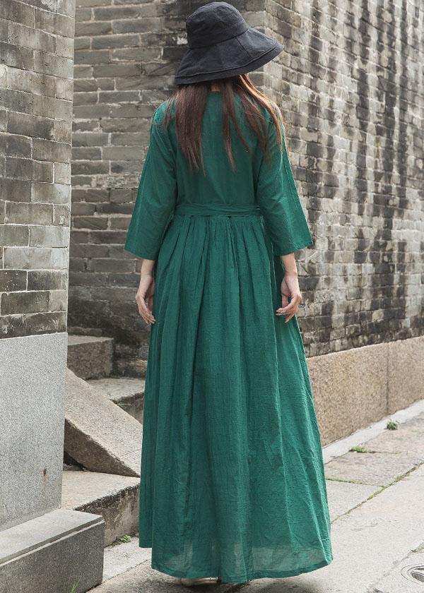 French green embroiedry linen Wardrobes bracelet sleeved loose fall Dresses - bagstylebliss